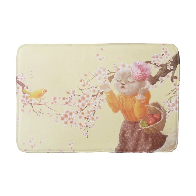 Singing Cat with Flower Basket Bath Mat (Front)