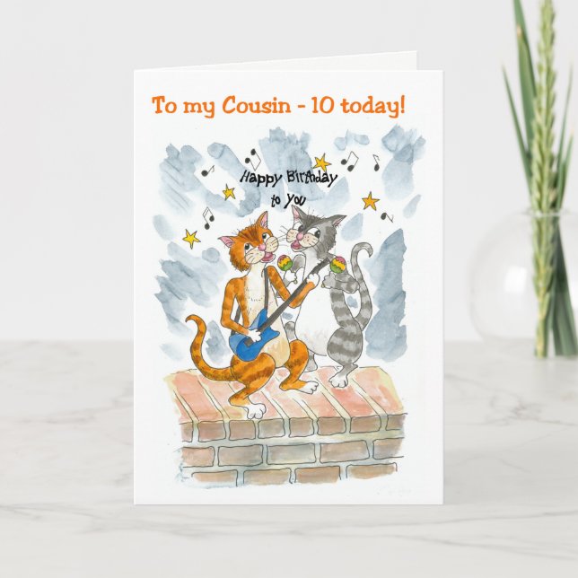 Singing Cats 10th Fun Birthday Card for a Cousin (Front)