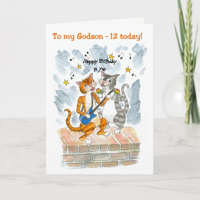 Singing Cats 12th Fun Birthday Card for a Godson (Front)