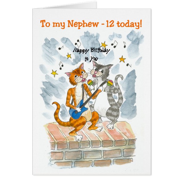Singing Cats 12th Fun Birthday Card for a Nephew (Front)
