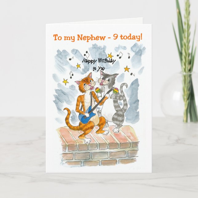 Singing Cats 9th Fun Birthday Card for a Nephew (Front)