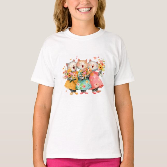 Singing Cats Holding Bouquets T-Shirt (Front)