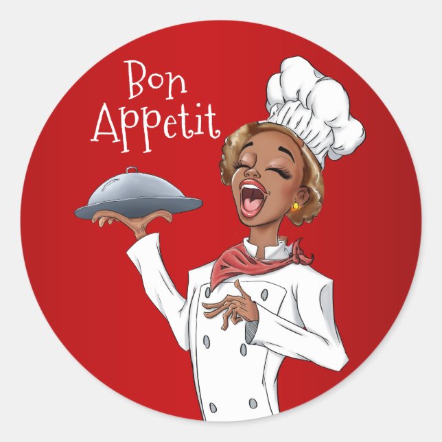 Singing Chef Woman on Red Background Classic Round Sticker (Front)