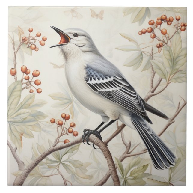 Singing Grey Bird on Berry Branches Tile (Front)