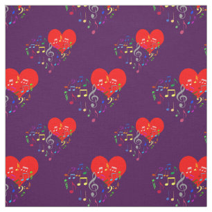 Singing Heart Pattern. Colourful Notes On Violet Fabric