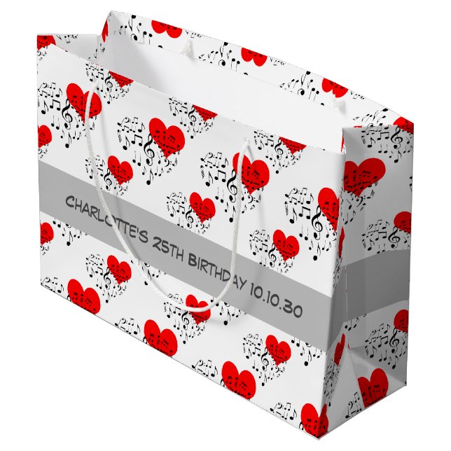 Singing Heart Pattern. Red Hearts, Black Notes Large Gift Bag (Back Angled)