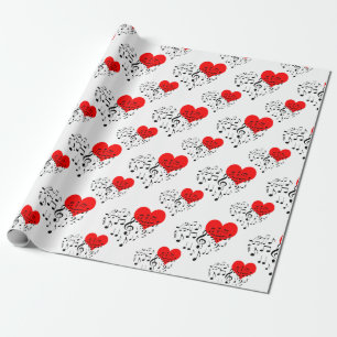 Singing Heart Pattern. Red Hearts, Black Notes Wrapping Paper