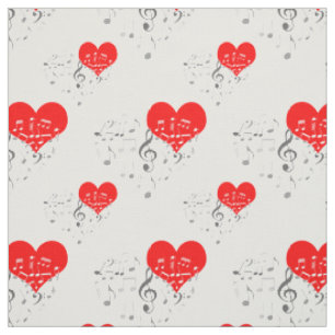 Singing Heart Pattern. Red Hearts, Grey Notes Fabric