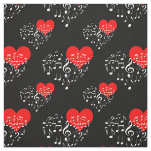 Singing Heart Pattern. Red Hearts, White Notes Fabric