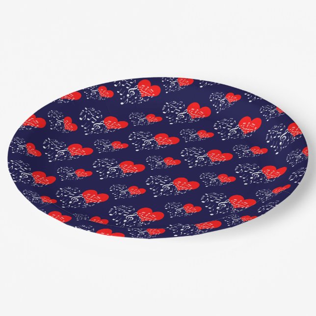 Singing Heart Pattern. Red Hearts, White Notes Pap Paper Plate (Angled)