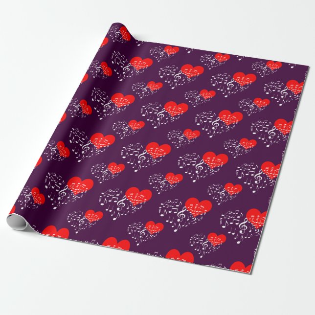 Singing Heart Pattern. Red Hearts, White Notes Wrapping Paper (Unrolled)