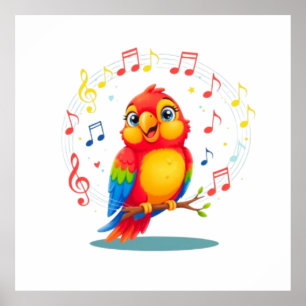 **Singing Parrot – Cute Parrot Singing Illustratio Poster