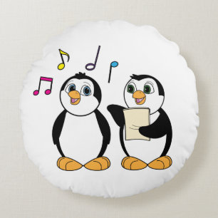 Singing Penguins with Music and Notes Round Cushion