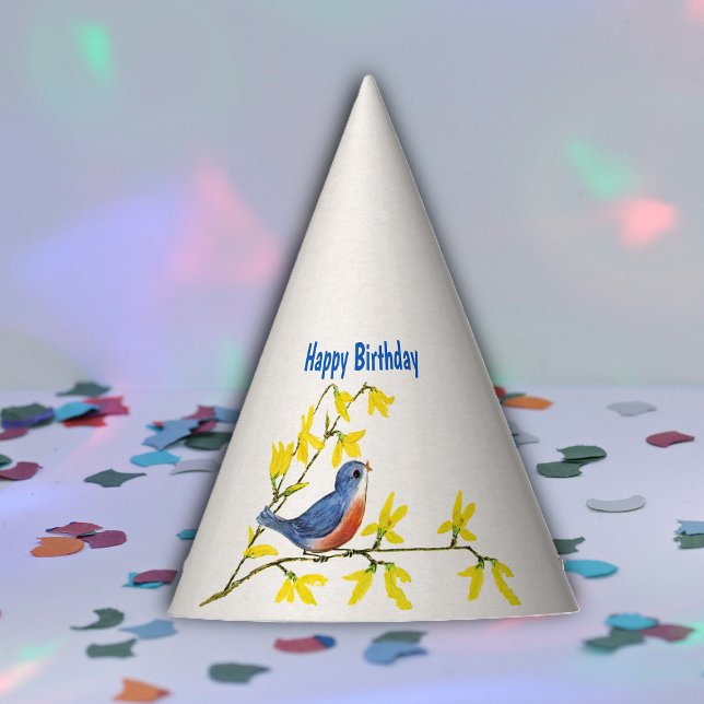 Singing Red Blue Bird on Branch Birthdays Flowers Party Hat (Cute red blue bird on branch yellow spring flowers on Happy birthday paper party hat.)