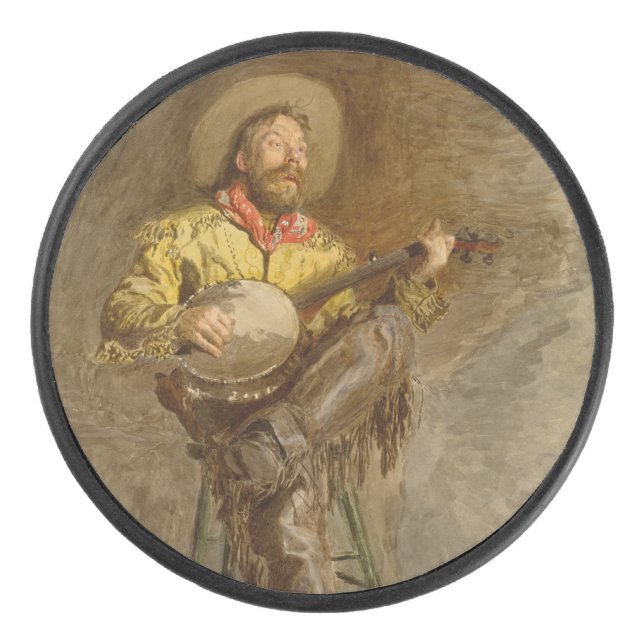 Singing Spanish Cowboy w Banjo Playing Trail Song Hockey Puck (Front)