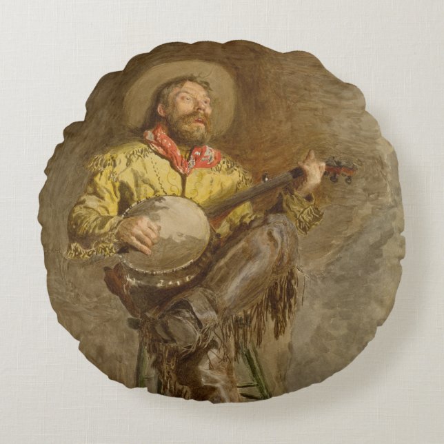 Singing Spanish Cowboy w Banjo Playing Trail Song Round Cushion (Front)