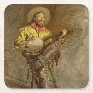 Singing Spanish Cowboy w Banjo Playing Trail Song Square Paper Coaster