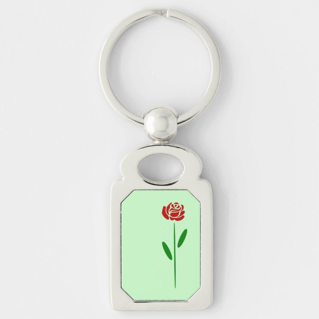 Single Art Deco Red Rose Green Leaves and Stem Key Ring (Front)