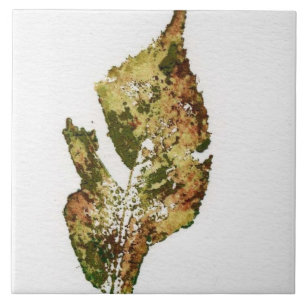 Single autumn leaf printed in realistic greens tile