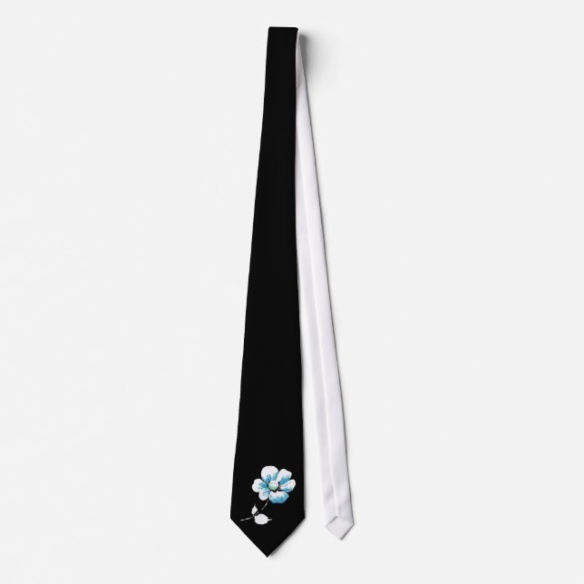 single blue and white flower on black tie (Front)