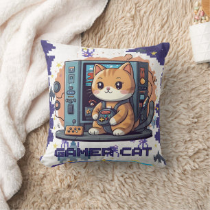 Single Cute Gamer Cat Blue Print Cushion