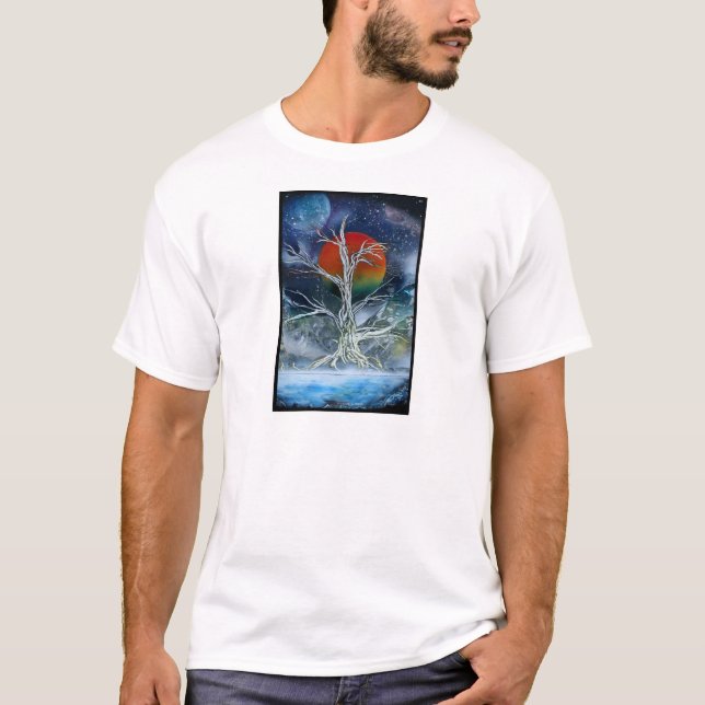 Single Dead Tree Foggy Night Orange Moon T-Shirt (Front)