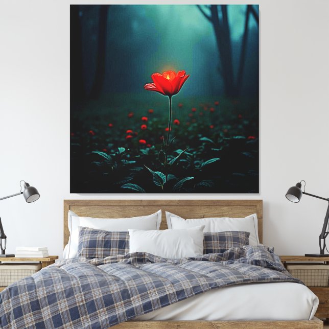 Single Glowing Red Flower Art Canvas Print (Insitu(Bedroom))
