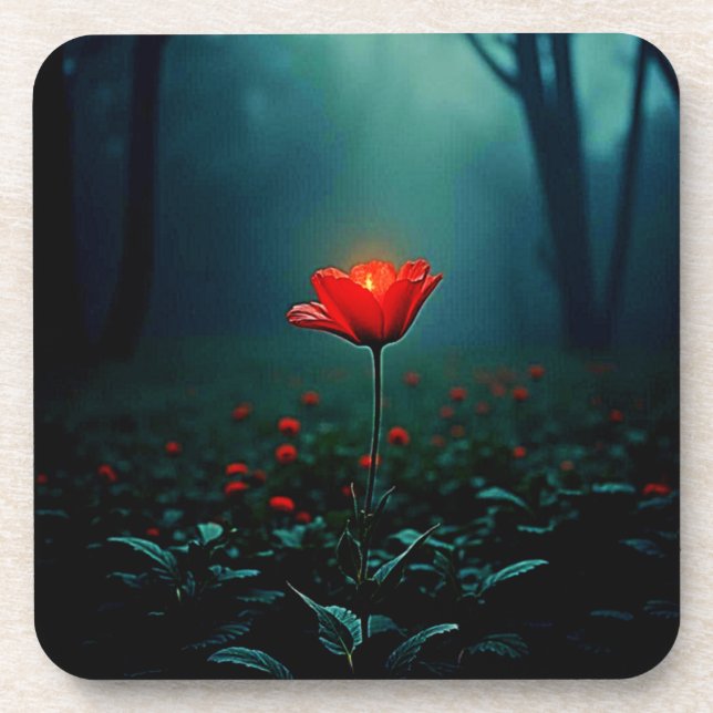 Single Glowing Red Flower Art Coaster (Front)