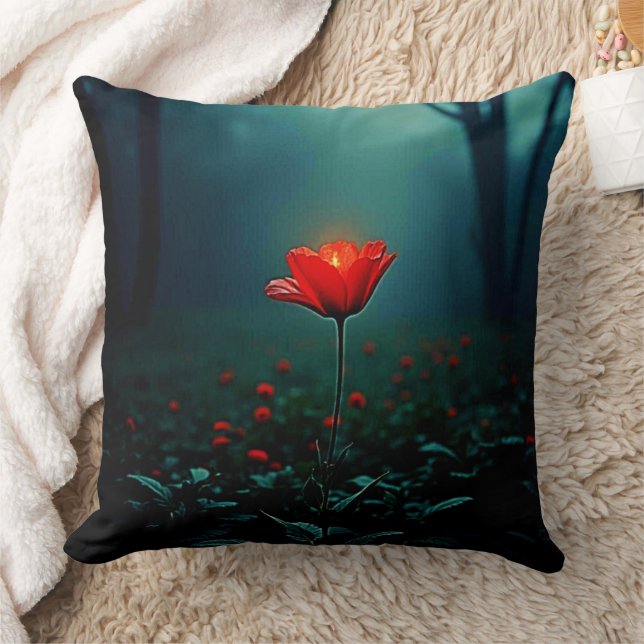 Single Glowing Red Flower Art Cushion (Blanket)