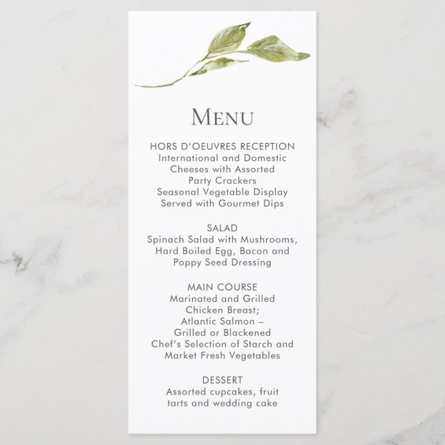Single Green Leaf Stem Menu Cards (Front)