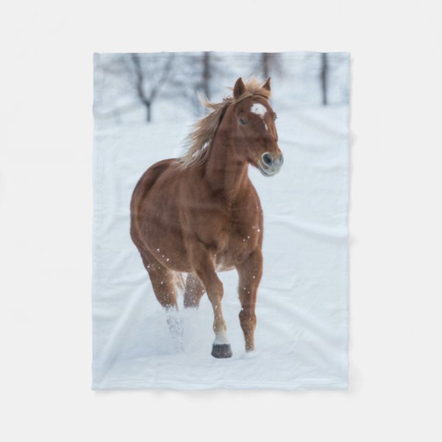 Single Horse Running in Snow Fleece Blanket (Front)