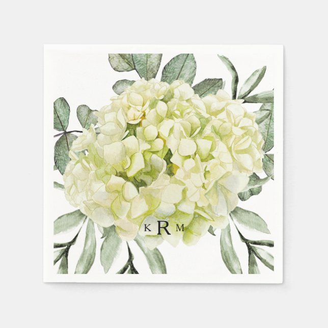 Single Hydrangea Black Monogram Cocktail Napkin (Front)