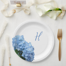 Single Initial Blue Floral Wedding  Paper Plate