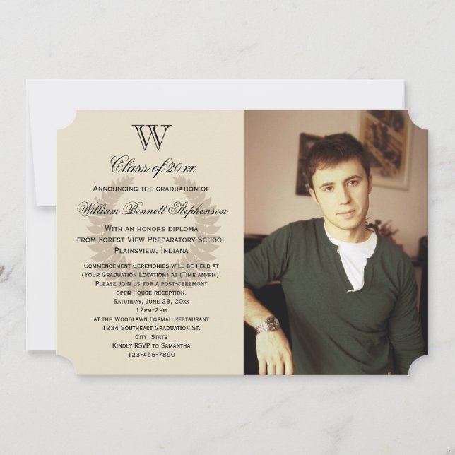 Single Initial Brown Monogram Photo Graduation Invitation (Front)