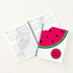 Single juicy red watermelon slice with your name notebook