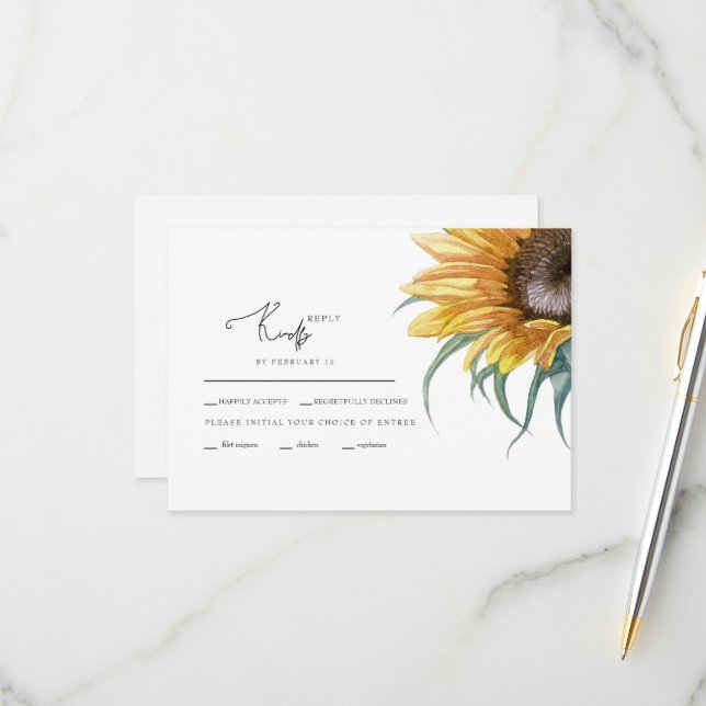 Single Large Sunflower Wedding RSVP Card (Front/Back In Situ)