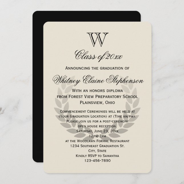 Single Letter Monogram Classic College Graduation Invitation (Front/Back)