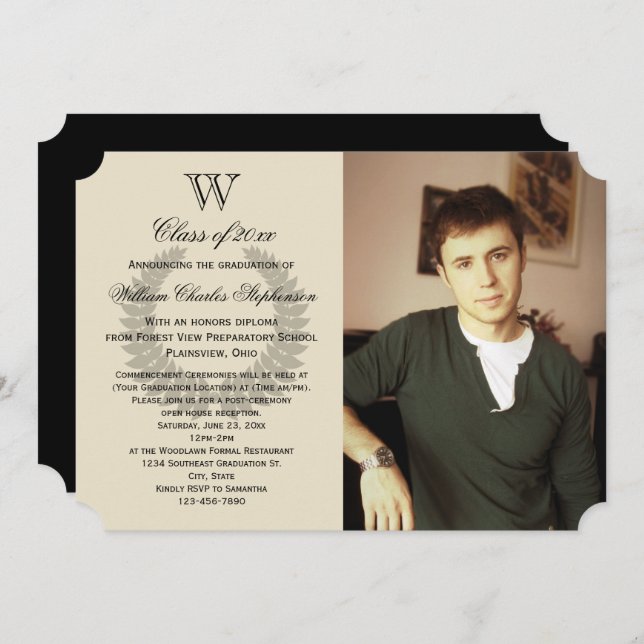 Single Letter Monogram Classic Photo Graduation Invitation (Front/Back)