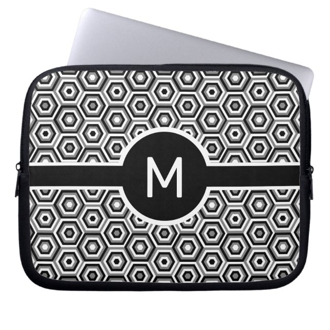 Single-Letter Monogram on Black and White Hexagons Laptop Sleeve (Front)