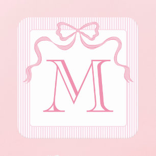 Single Letter Monogram Pink Bow, Custom Ribbon Square Paper Coaster
