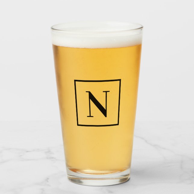 Single Letter Simple Black Square Border Monogram Glass (Front Filled)