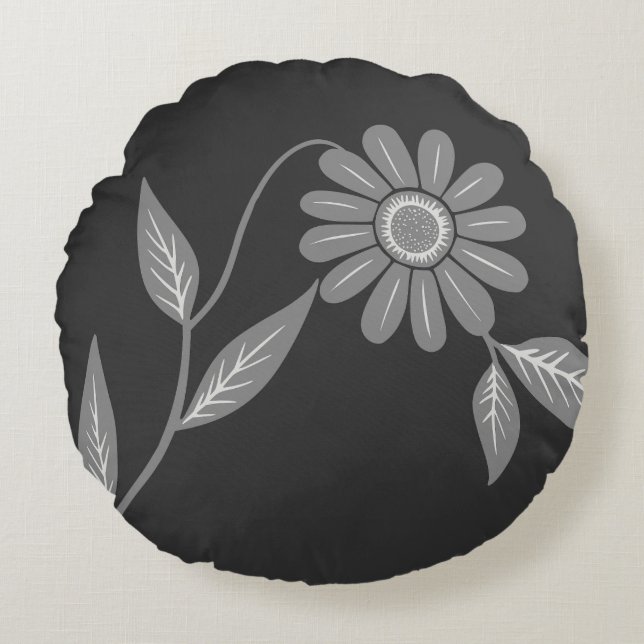 Single Mid Century Daisy Charcoal Round Cushion (Front)