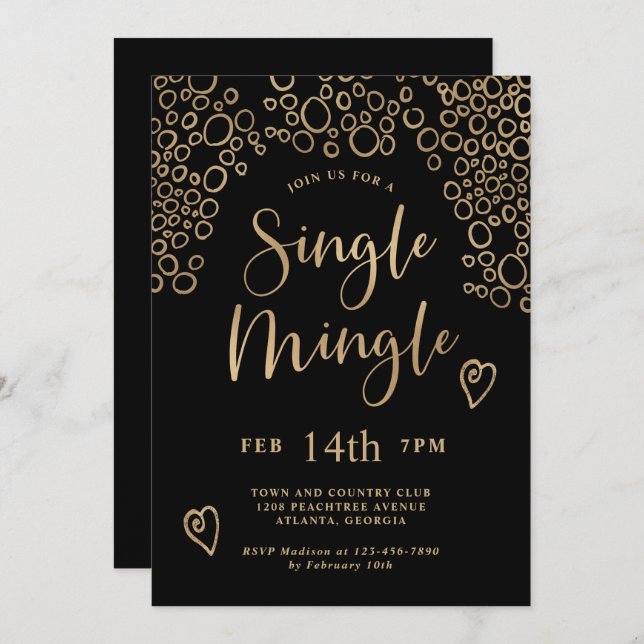 Single Mingle Valentine Party Black and Gold Invitation (Front/Back)