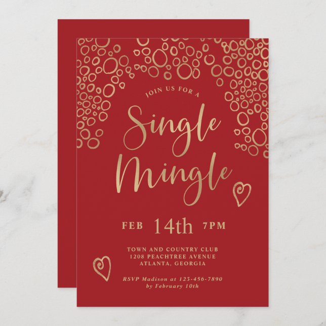 Single Mingle Valentine Party Red and Gold Invitation (Front/Back)