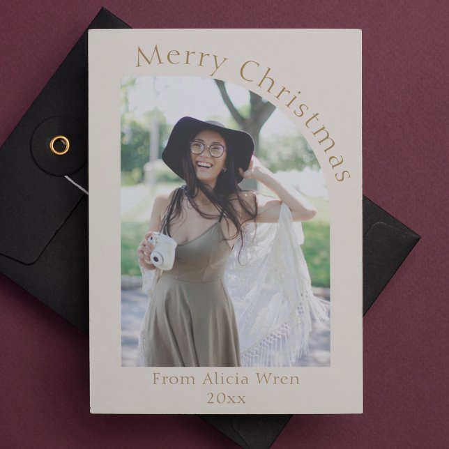 Single Person Cream Modern Arch Photo Christmas Holiday Card (single person christmas card modern arch cream and gold with photo)