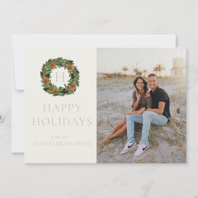 Single Photo Monogram Pine Wreath Simple Holiday  Card (Front)