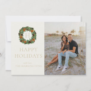 Single Photo Monogram Pine Wreath Simple Holiday Card