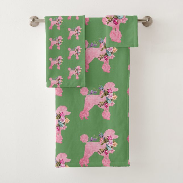 Single Pink French Poodle on Green Bath Towel Set (Insitu)