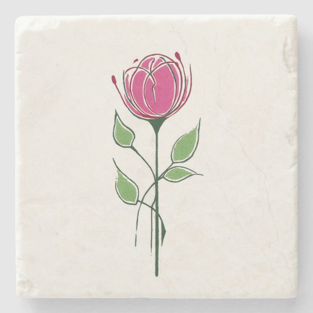 Single Pink Glasgow Style Rose Stone Coaster (Front)