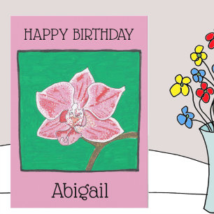Single pink orchid flower, pink, happy birthday card